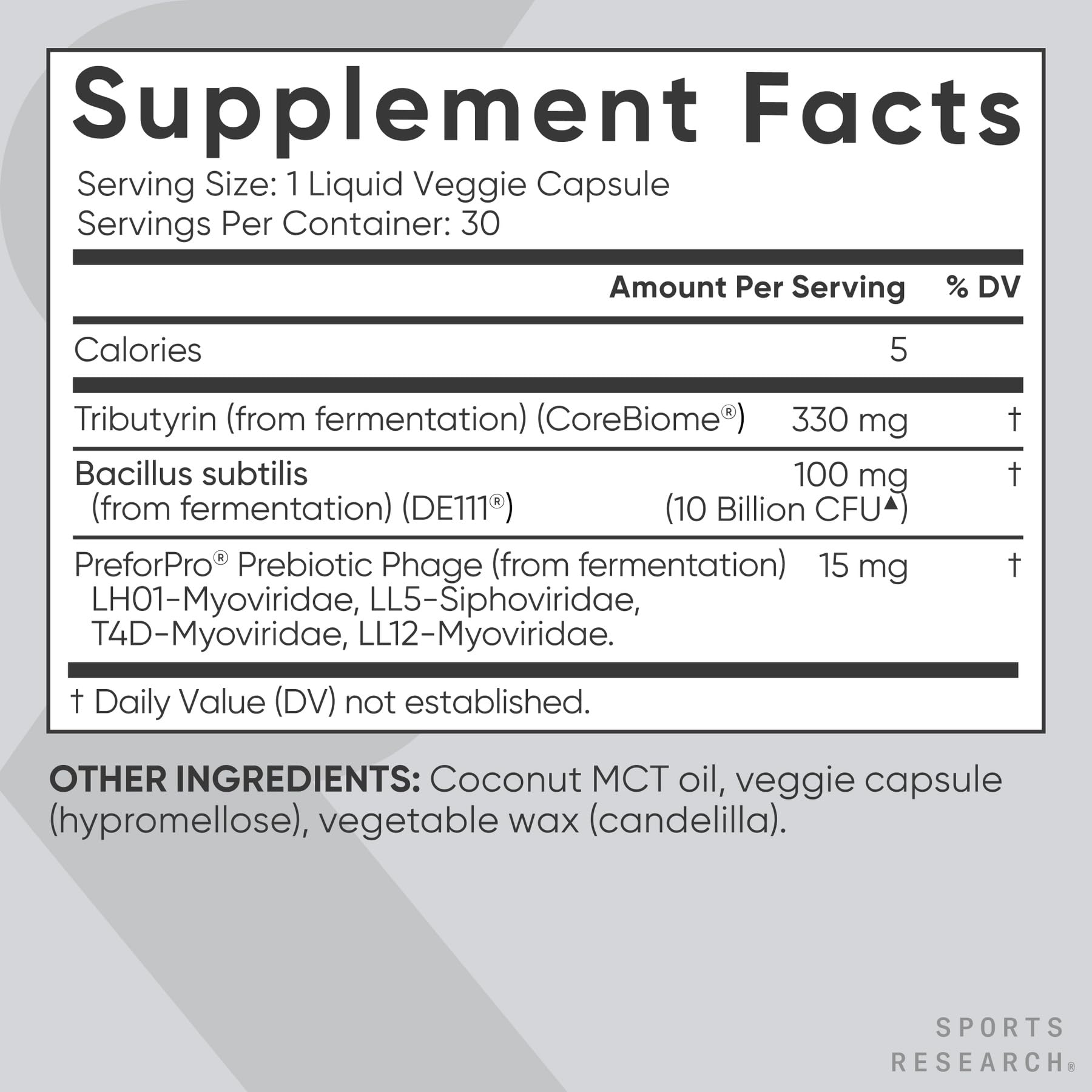 Sports Research vista cercana del aceite interno que libera butirato gradual