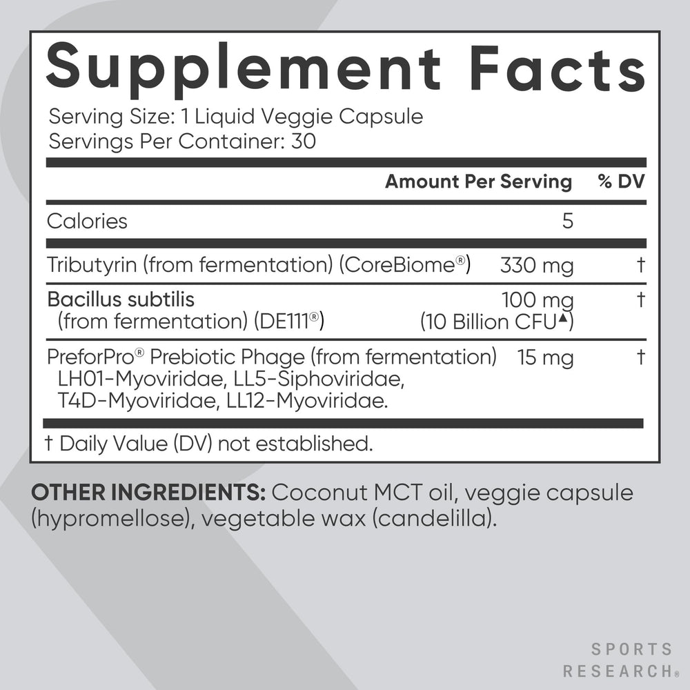 Sports Research vista cercana del aceite interno que libera butirato gradual