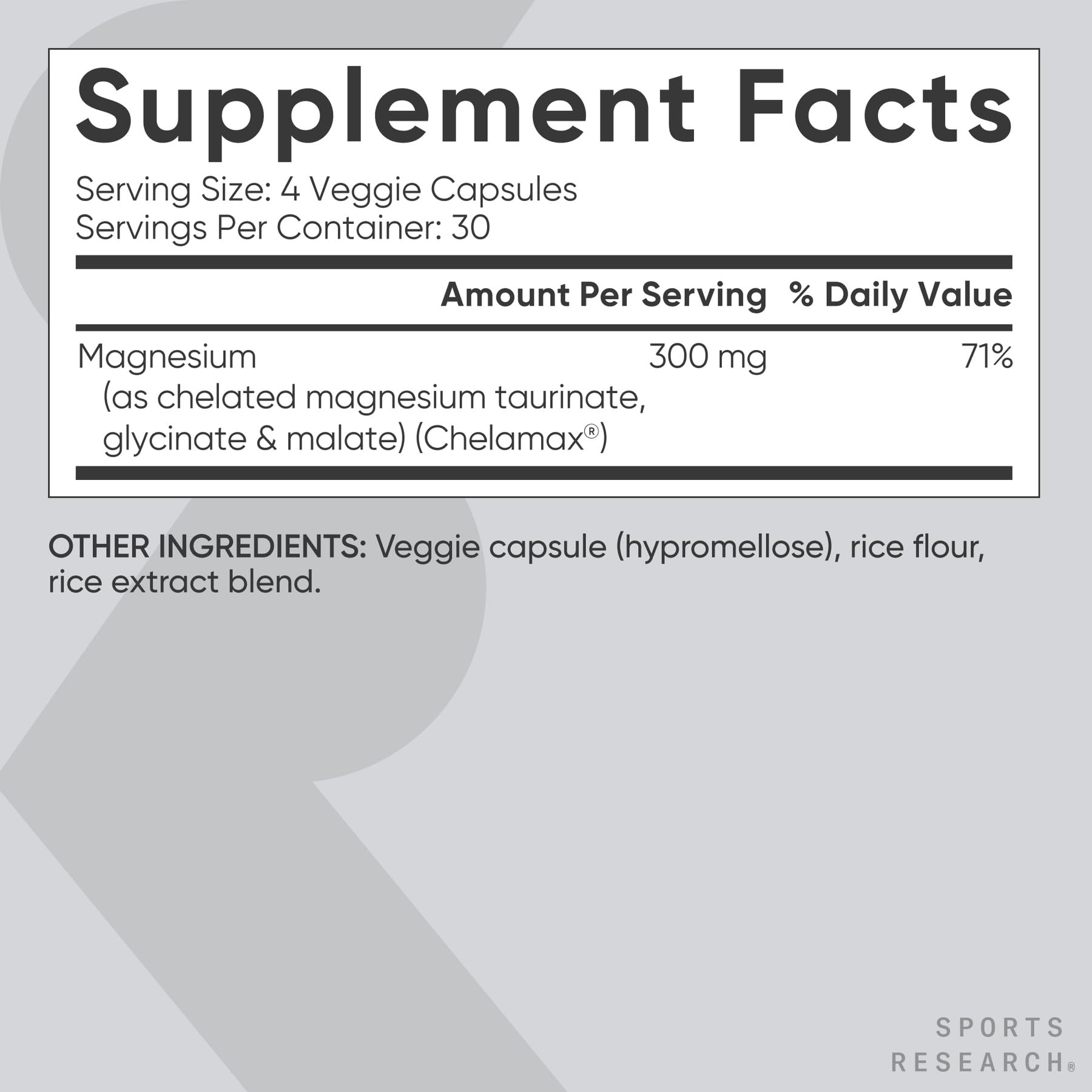 Sports Research etiqueta nutricional enfocada en los 300 mg por porción y lista de ingredientes