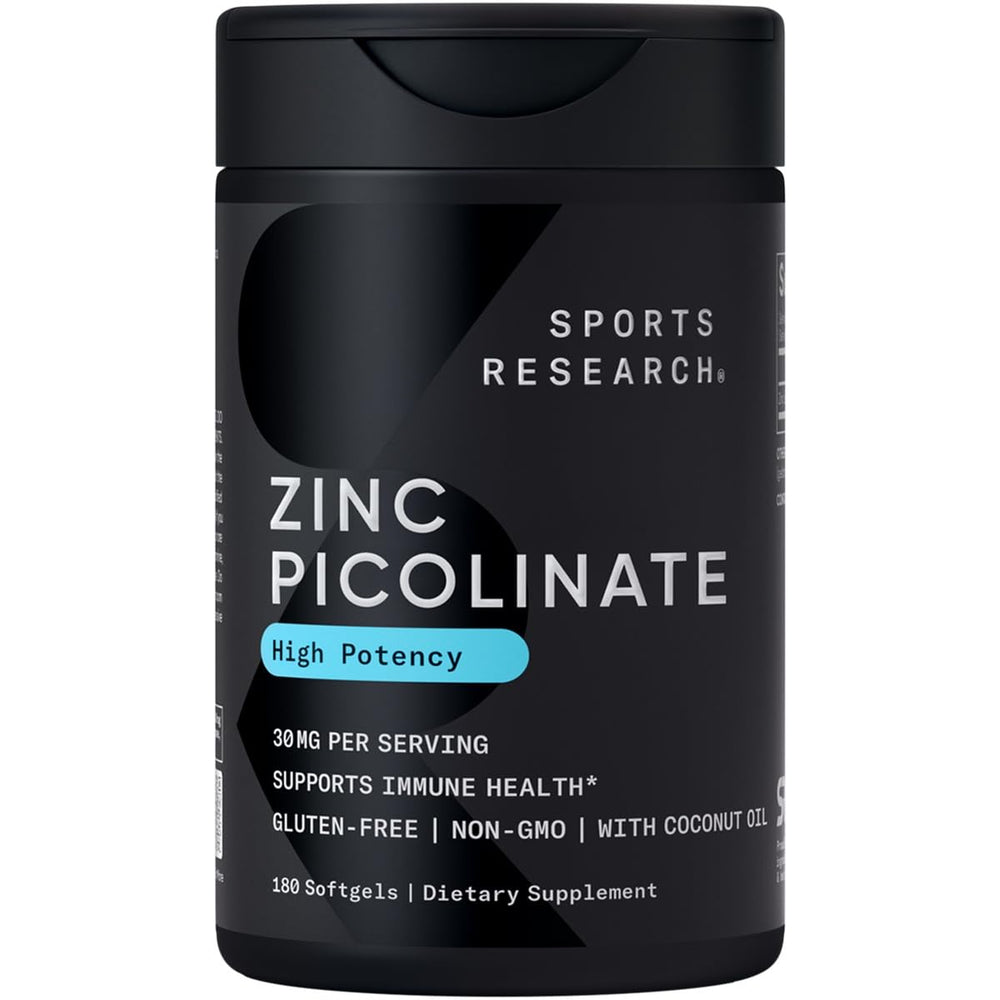 Sports Research frasco frontal mostrando 180 softgels y beneficio de suministro prolongado