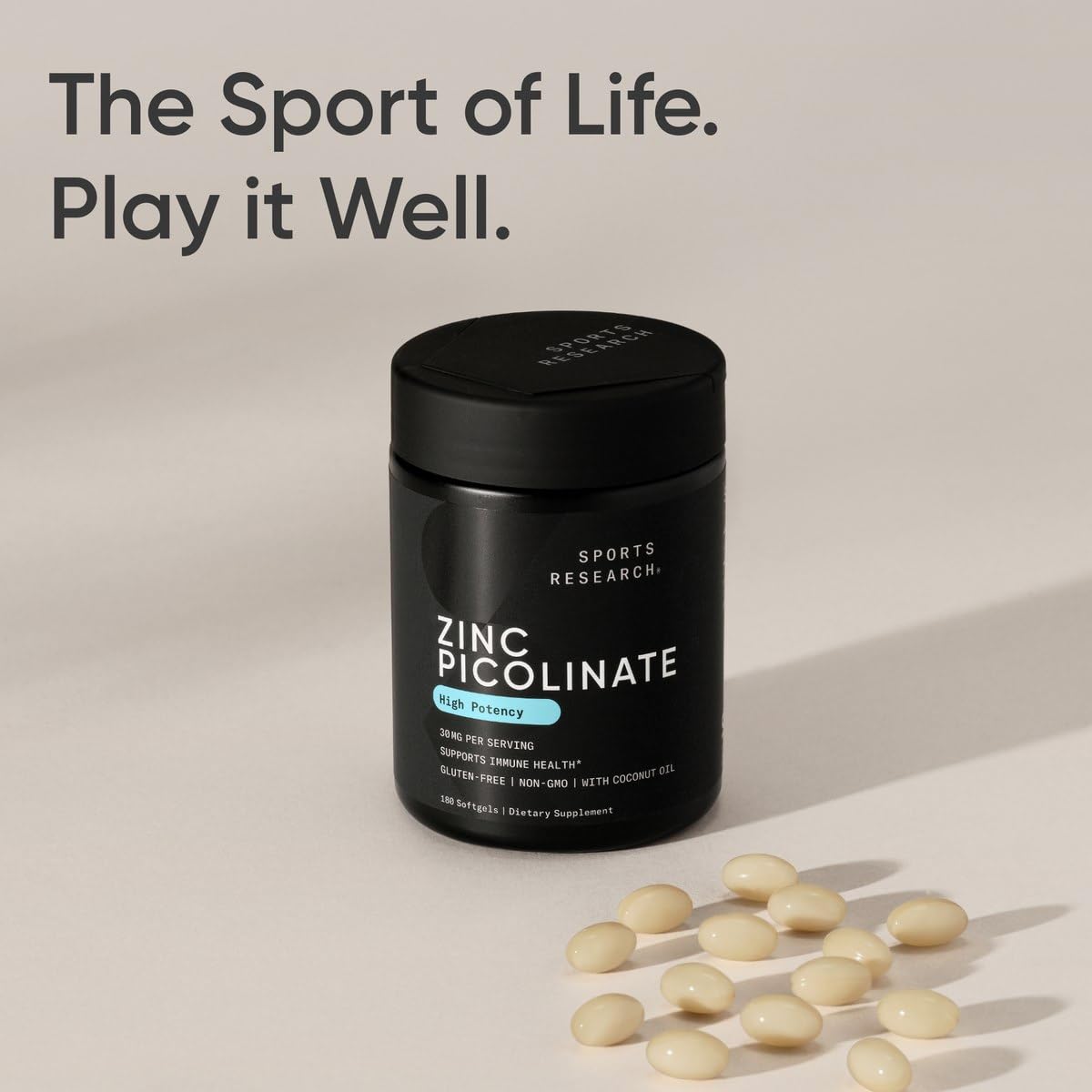Sports Research softgels junto a alimentos en cocina para uso diario