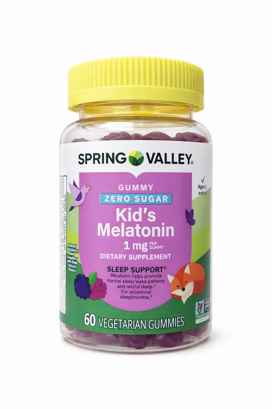 Spring Valley frasco 60 gomitas melatonina mostrando envase y beneficio de apoyo al sueño