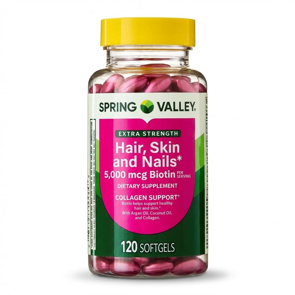 Spring Valley frasco frontal mostrando 120 softgels y beneficio de soporte para belleza