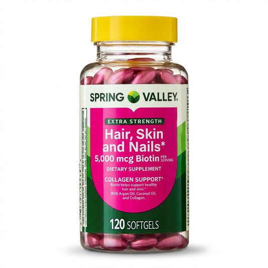 Spring Valley frasco frontal mostrando 120 softgels y beneficio de soporte para belleza