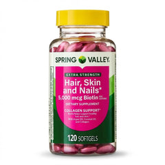 Spring Valley frasco frontal mostrando 120 softgels y beneficio de soporte para belleza