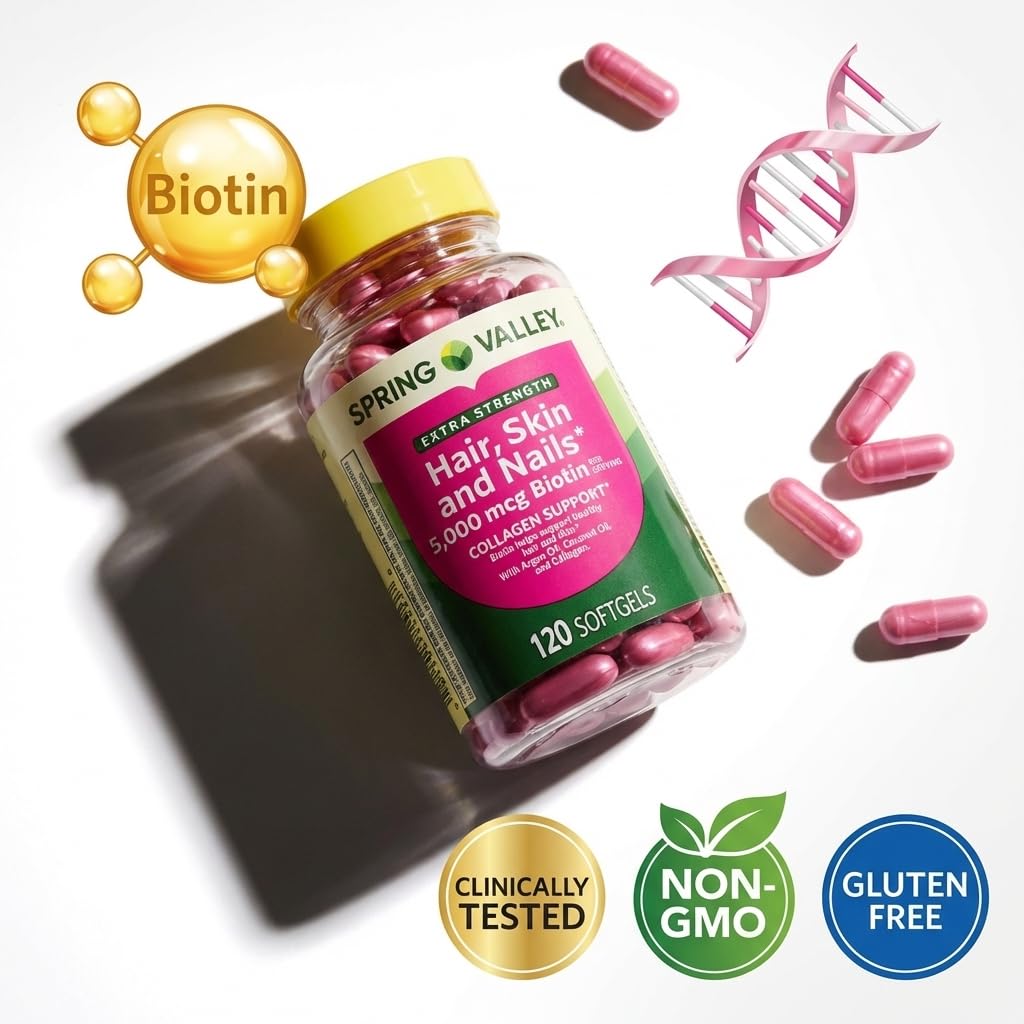 Etiqueta de ingredientes Spring Valley destacando biotina 5000 mcg y nutrientes clave