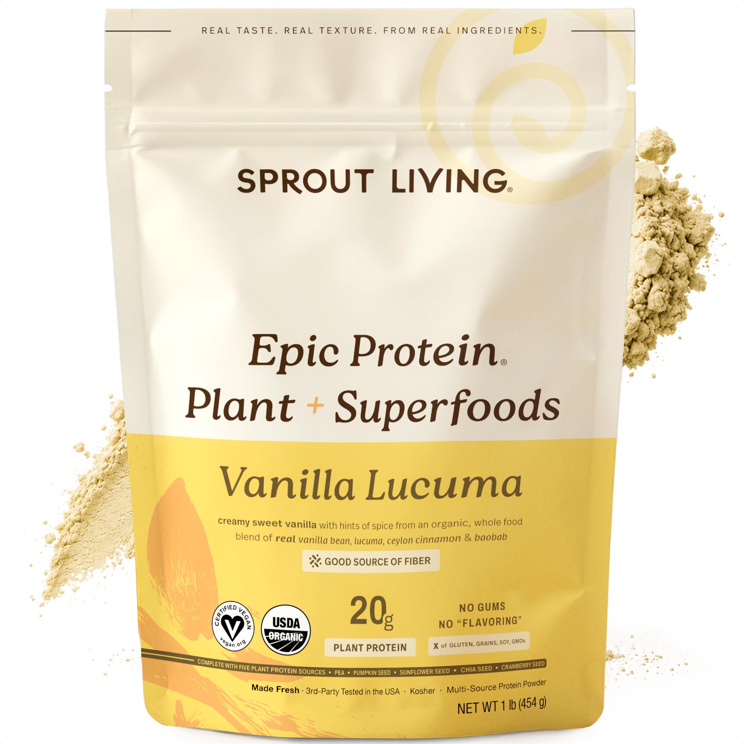 Sprout Living envase frontal mostrando sabor vainilla lucuma y beneficios orgánicos