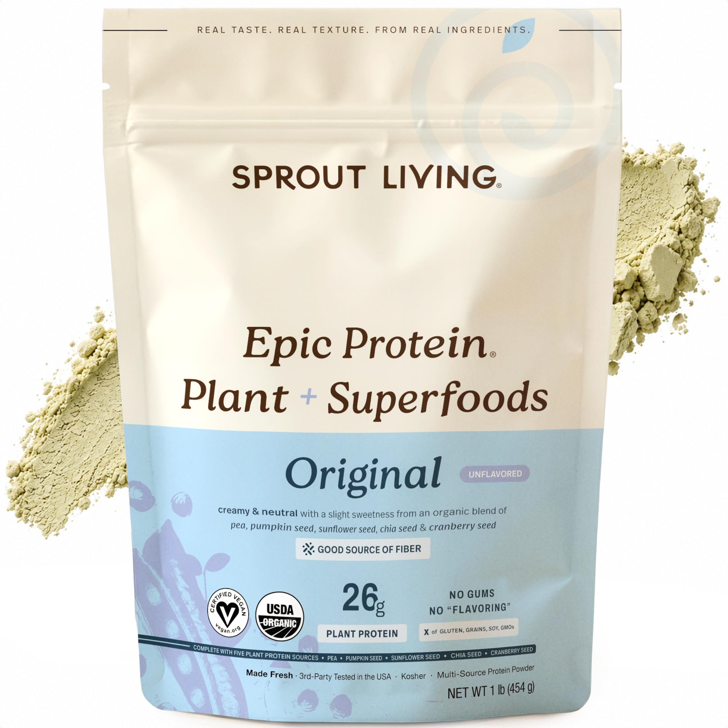 Sprout Living envase frontal mostrando etiqueta limpia y beneficios claros
