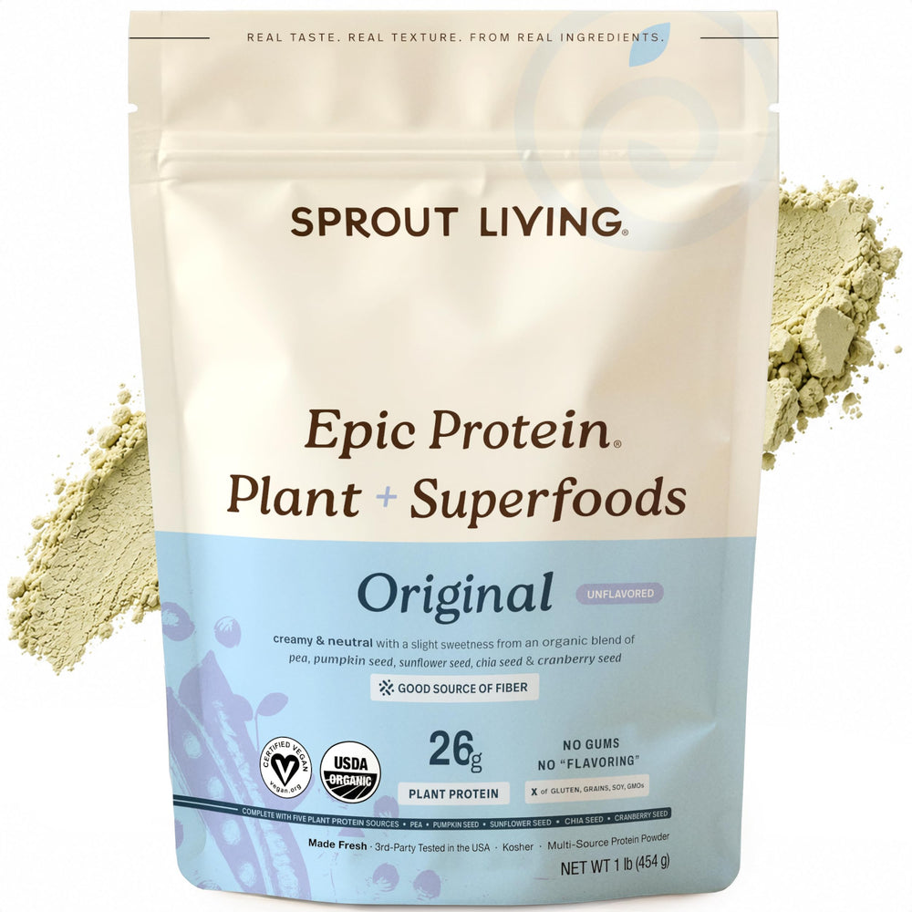 Sprout Living envase frontal mostrando etiqueta limpia y beneficios claros