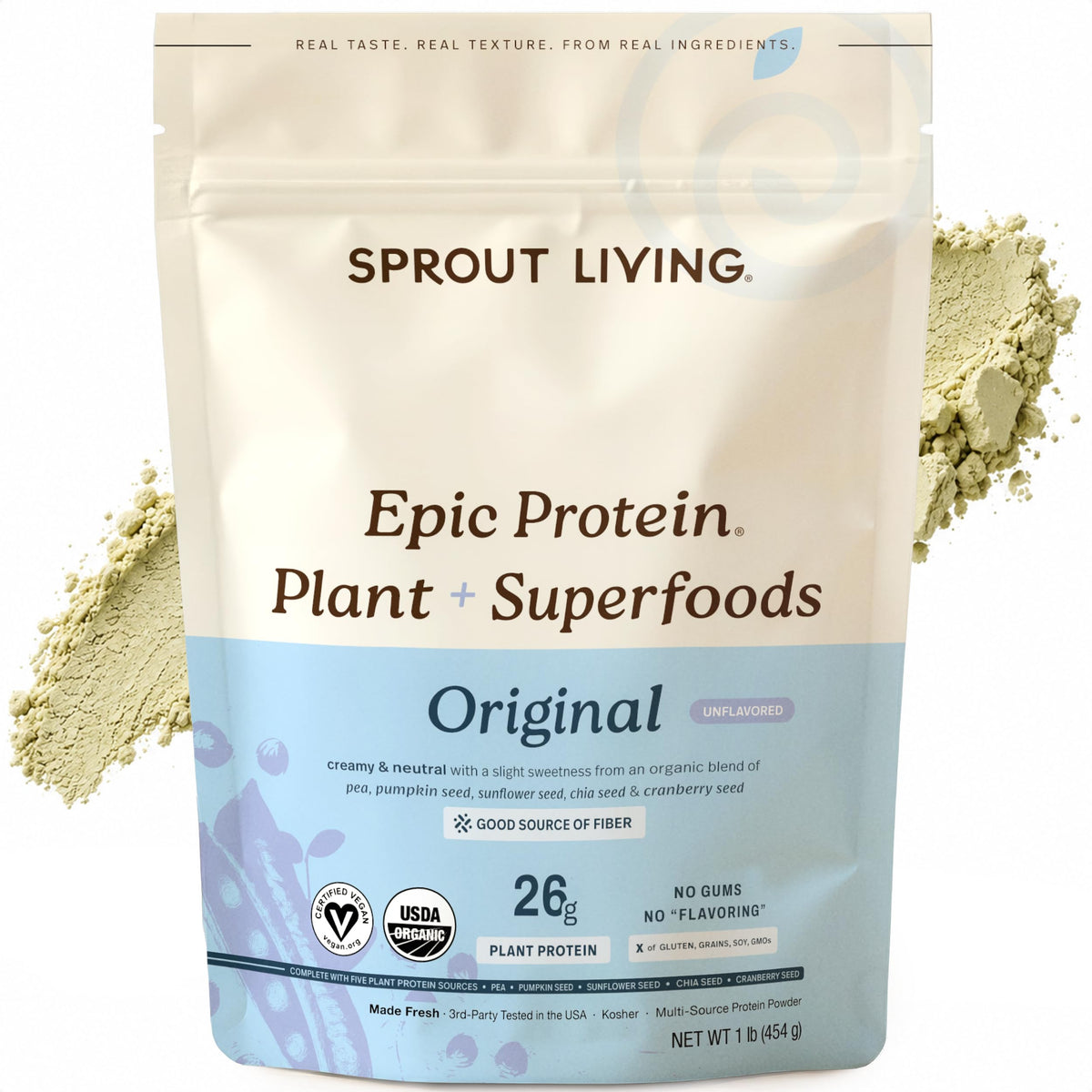 Sprout Living envase frontal mostrando etiqueta limpia y beneficios claros