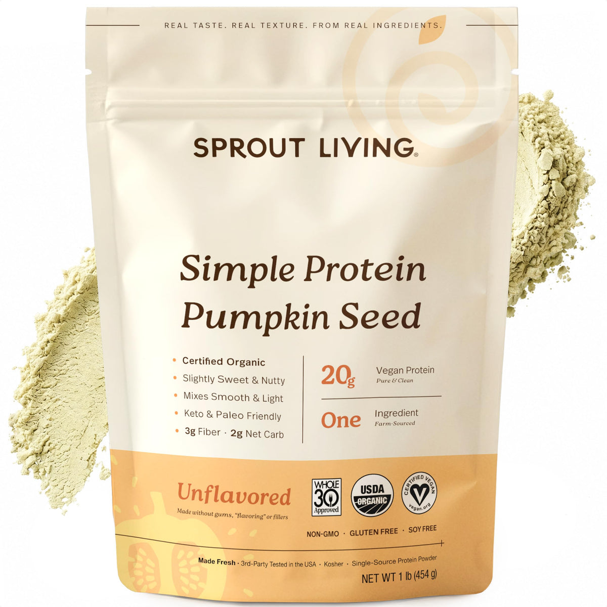Sprout Living frente del envase mostrando pureza y etiqueta clara