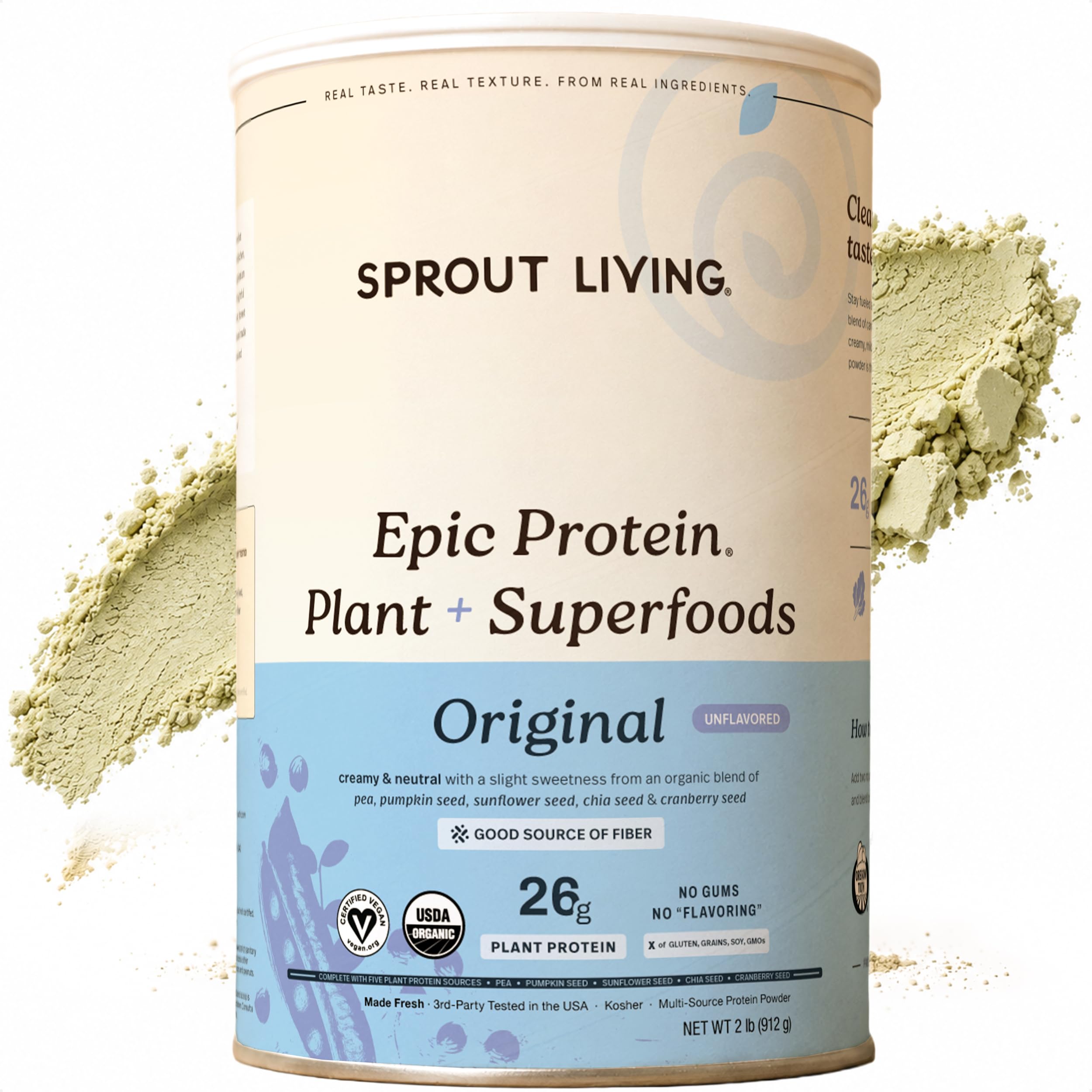 Sprout Living frente del envase mostrando fórmula sin sabor y confianza