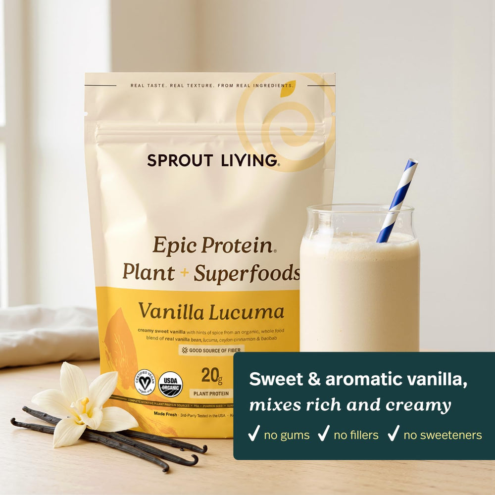 Cuchara con porción de 2 scoops de Sprout Living Epic Protein y su tamaño práctico