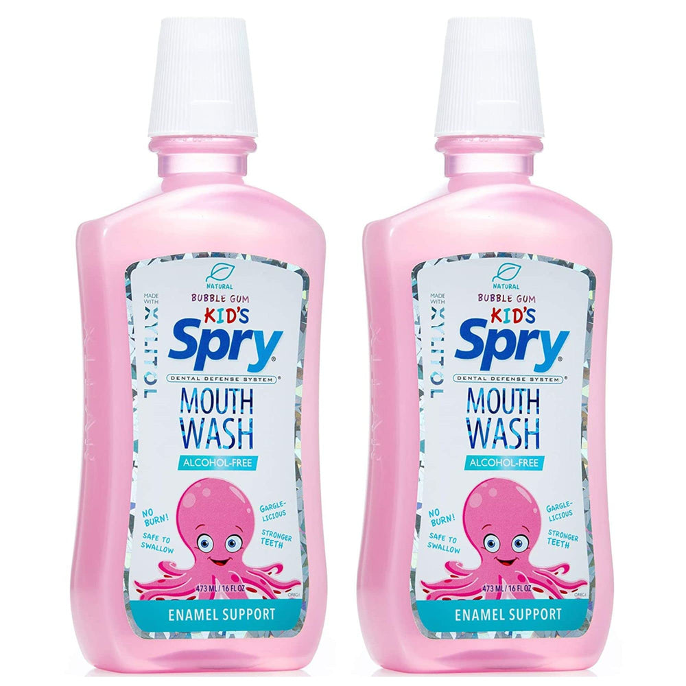 Spry enjuague frontal botella 473 ml mostrando etiqueta y sabor bubble gum