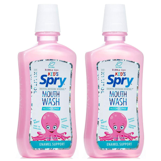 Spry enjuague frontal botella 473 ml mostrando etiqueta y sabor bubble gum