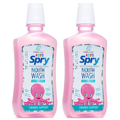 Spry enjuague frontal botella 473 ml mostrando etiqueta y sabor bubble gum