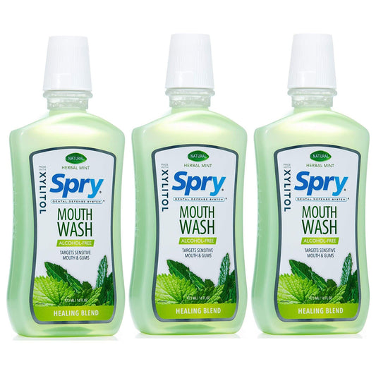 Spry enjuague frontal con xilitol mostrando el envase y beneficio refrescante