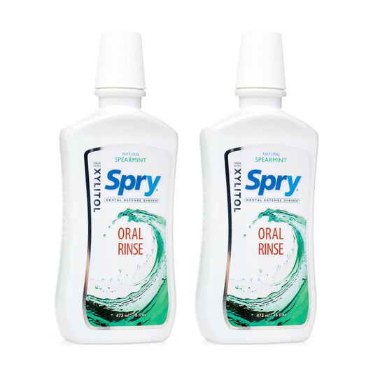 Spry enjuague bucal frontal pack de dos con menta verde, presenta aliento fresco