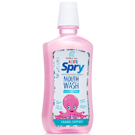 Spry enjuague infantil frontal botella 473 ml mostrando etiqueta y beneficios