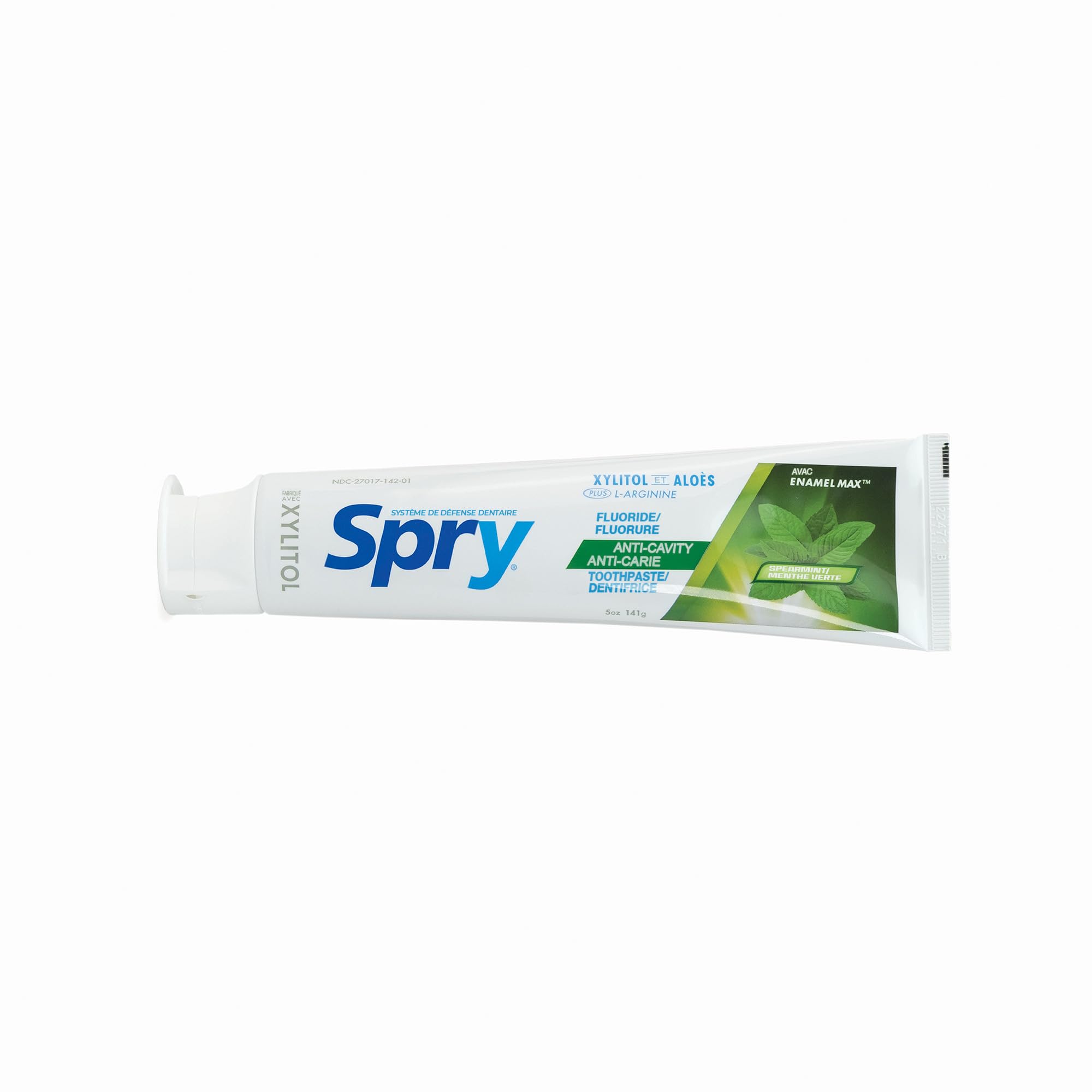 Spry etiqueta con ingredientes y flúor destacando confianza en la fórmula