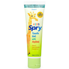 Spry gel dental para niños frontal del envase con tapa abatible, fácil dosificación