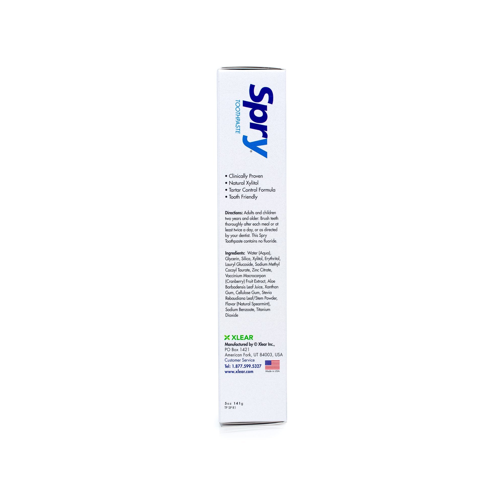 Spry etiqueta con xilitol, aloe y calcio destacando ingredientes naturales