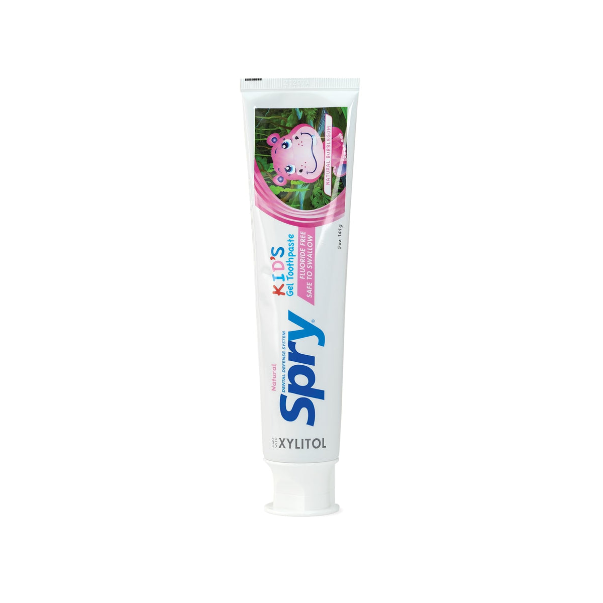 Spry pasta infantil vista frontal muestra envase y sabor chicle, facilita elección