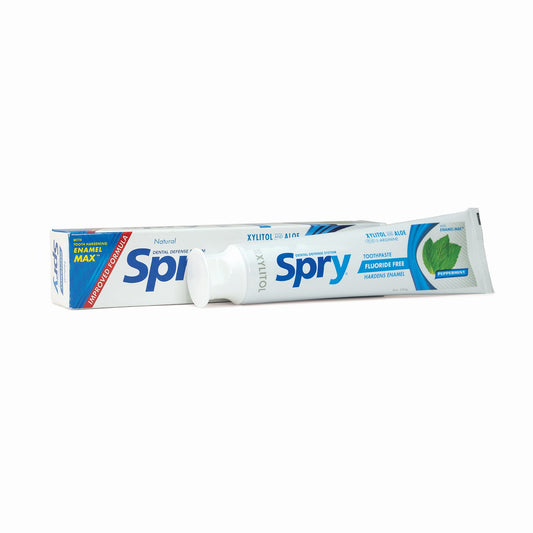 Spry tubo frontal menta mostrando etiqueta y efecto refrescante
