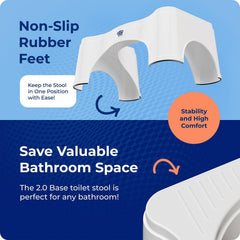 Squatty Potty junto a inodoro para comparar tamaño, encaja fácilmente