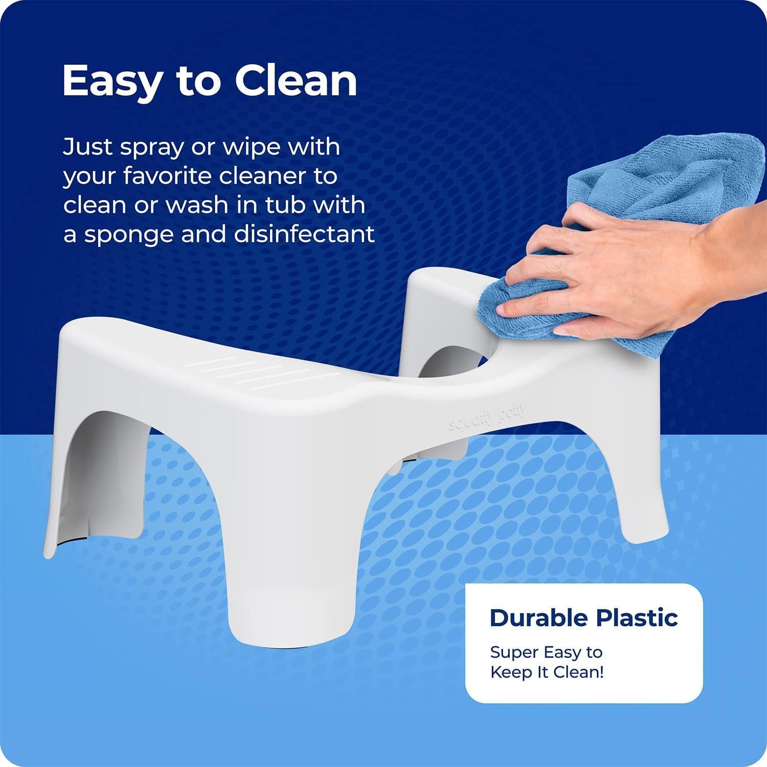 Squatty Potty empaque y etiqueta que muestran el producto listo para usar