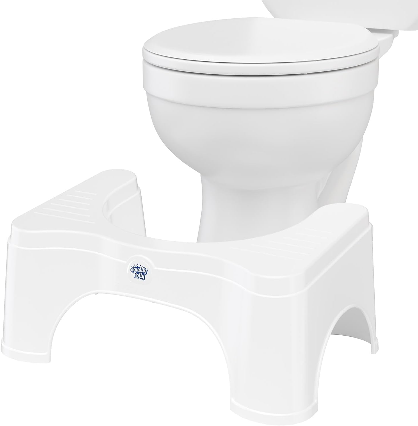 Squatty Potty vista frontal blanco, aporta postura ergonómica