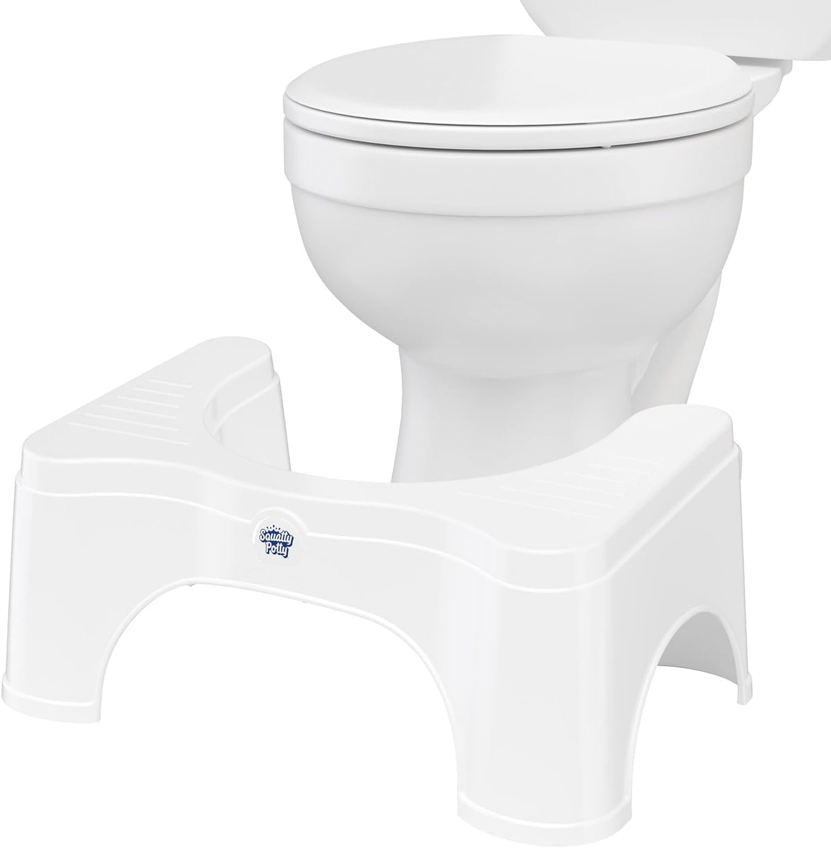 Squatty Potty vista frontal blanco, aporta postura ergonómica