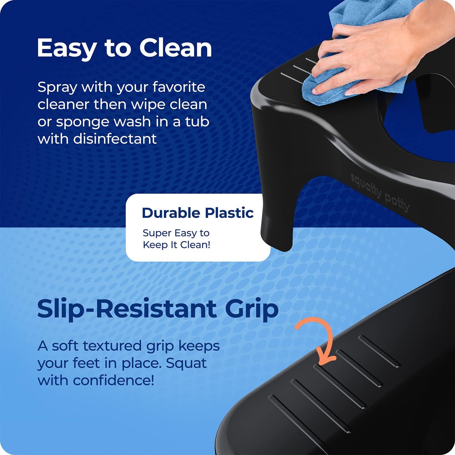 Squatty Potty limpieza con paño mostrando mantenimiento sencillo