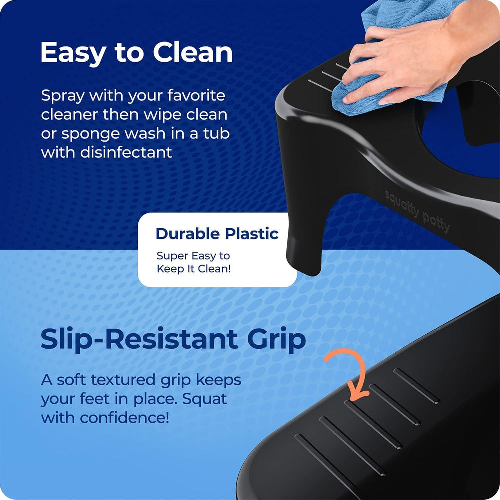 Squatty Potty limpieza con paño mostrando mantenimiento sencillo
