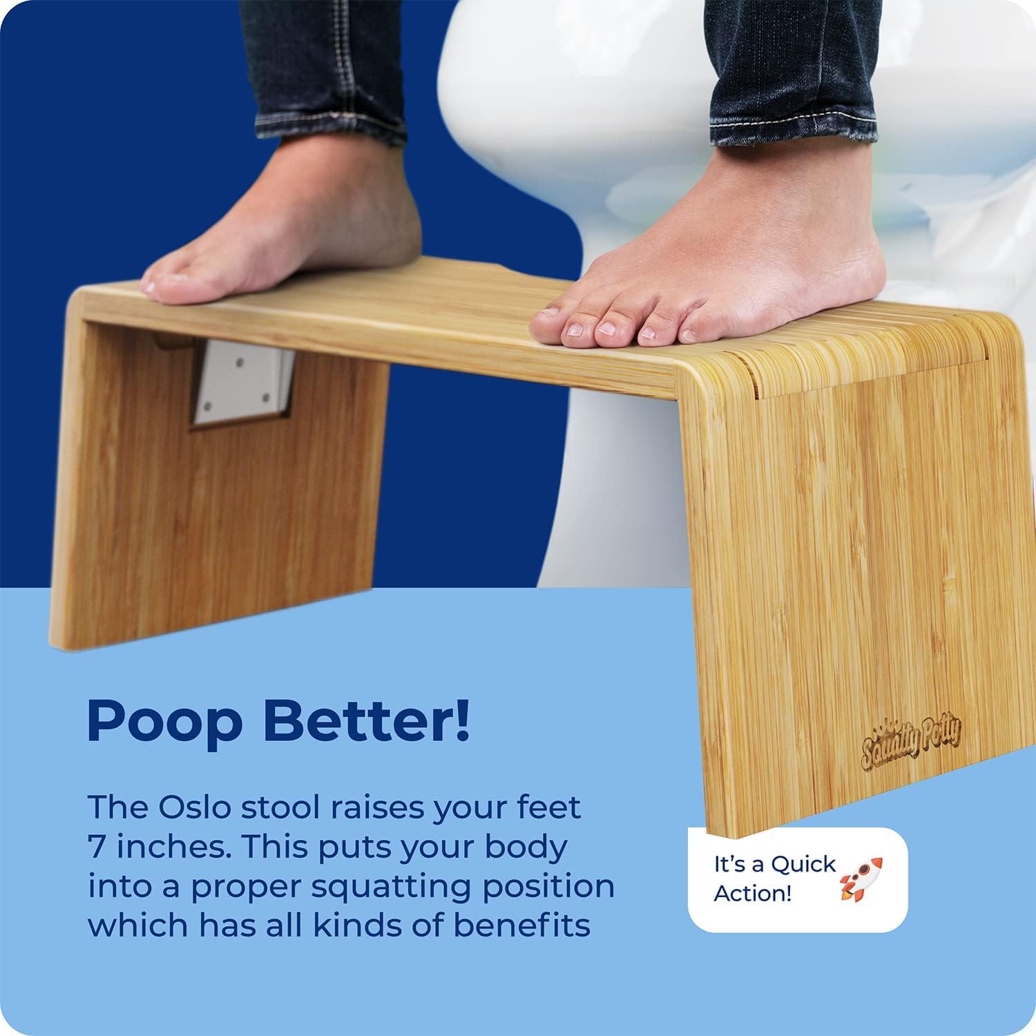 Persona adulta usando Squatty Potty Oslo demostrando postura cómoda