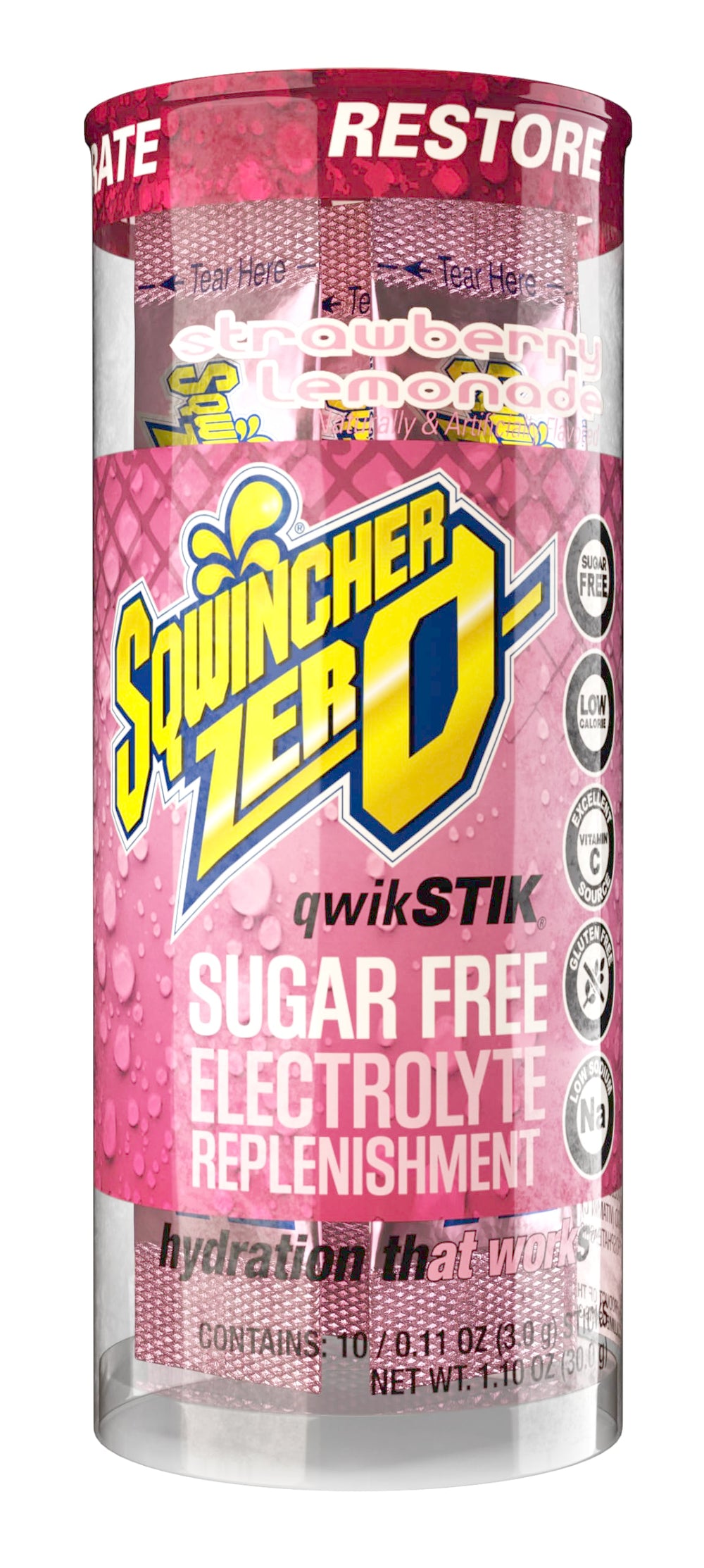 Botella con bebida preparada Sqwincher mostrando color y refresco instantáneo sin azúcar