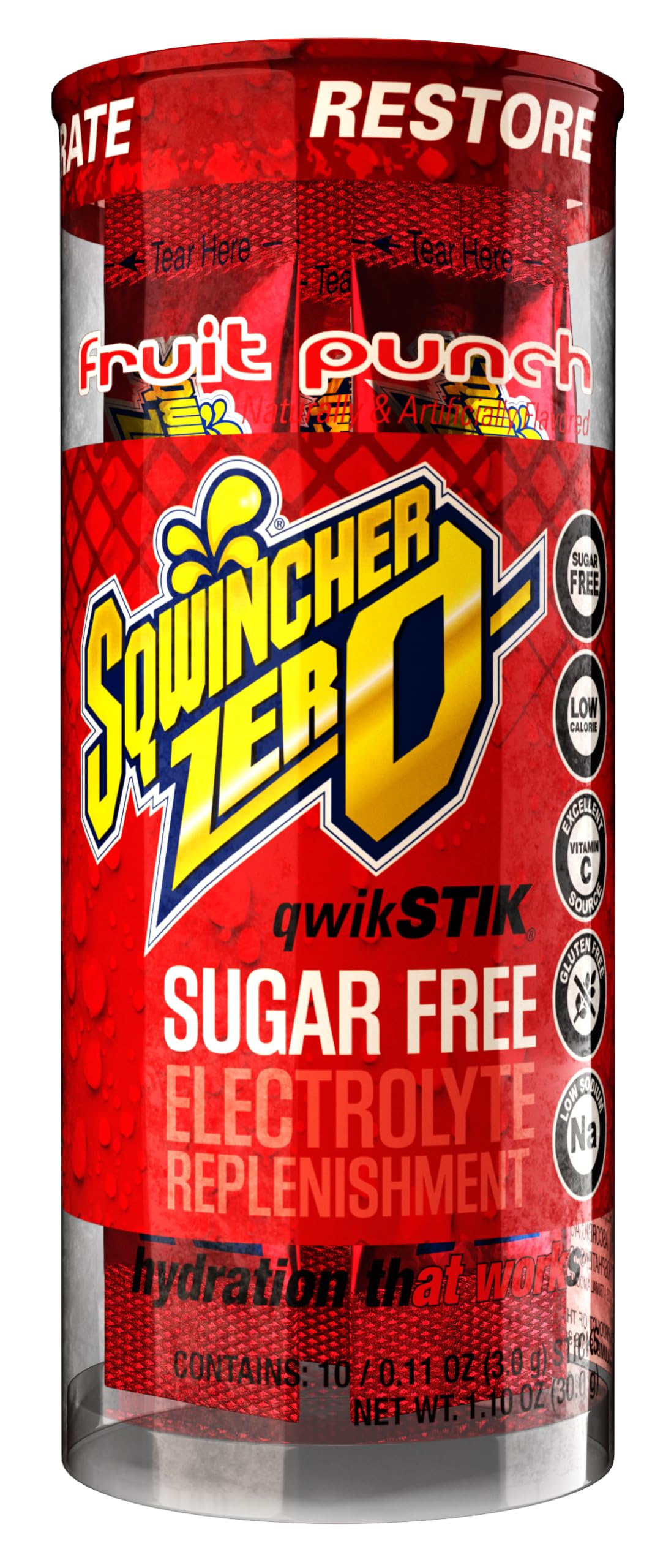Detalle de etiqueta nutricional Sqwincher con electrolitos y sin azúcar añadida visible