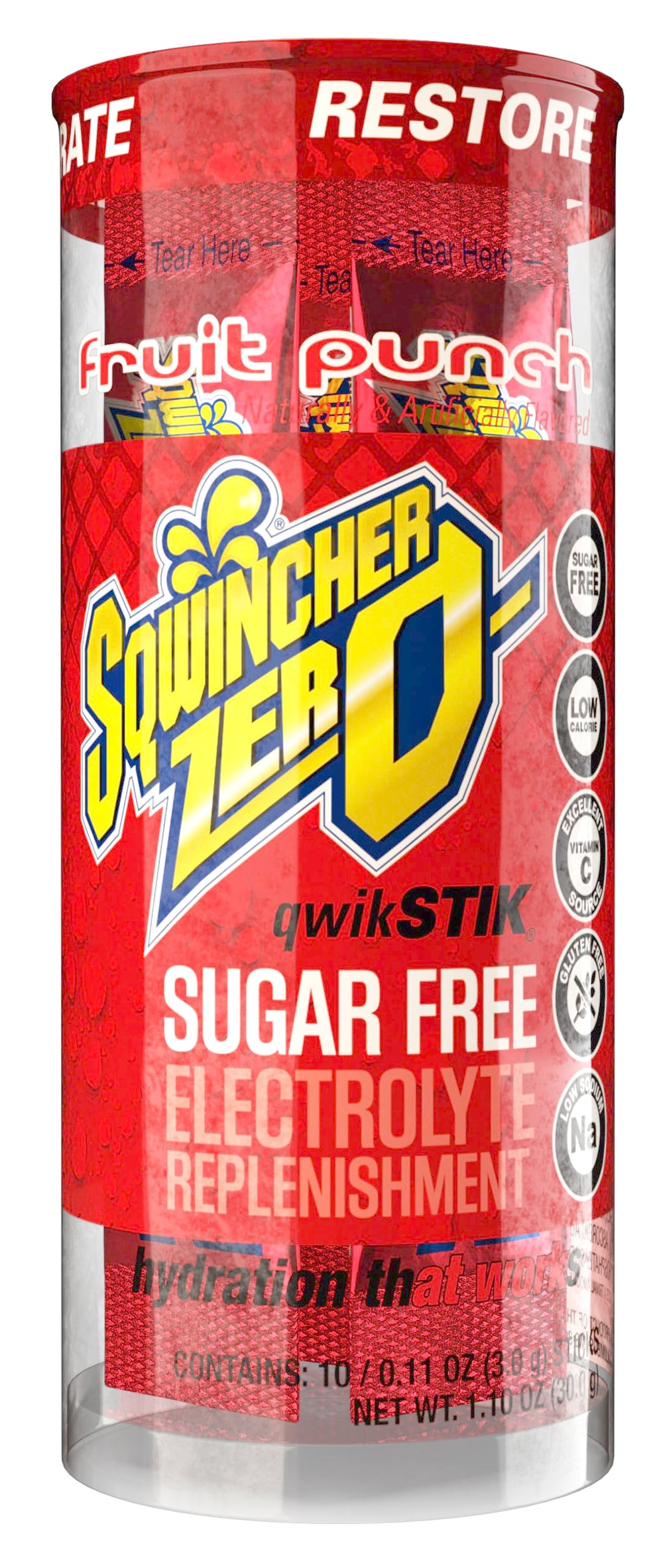 Detalle de etiqueta nutricional Sqwincher con electrolitos y sin azúcar añadida visible