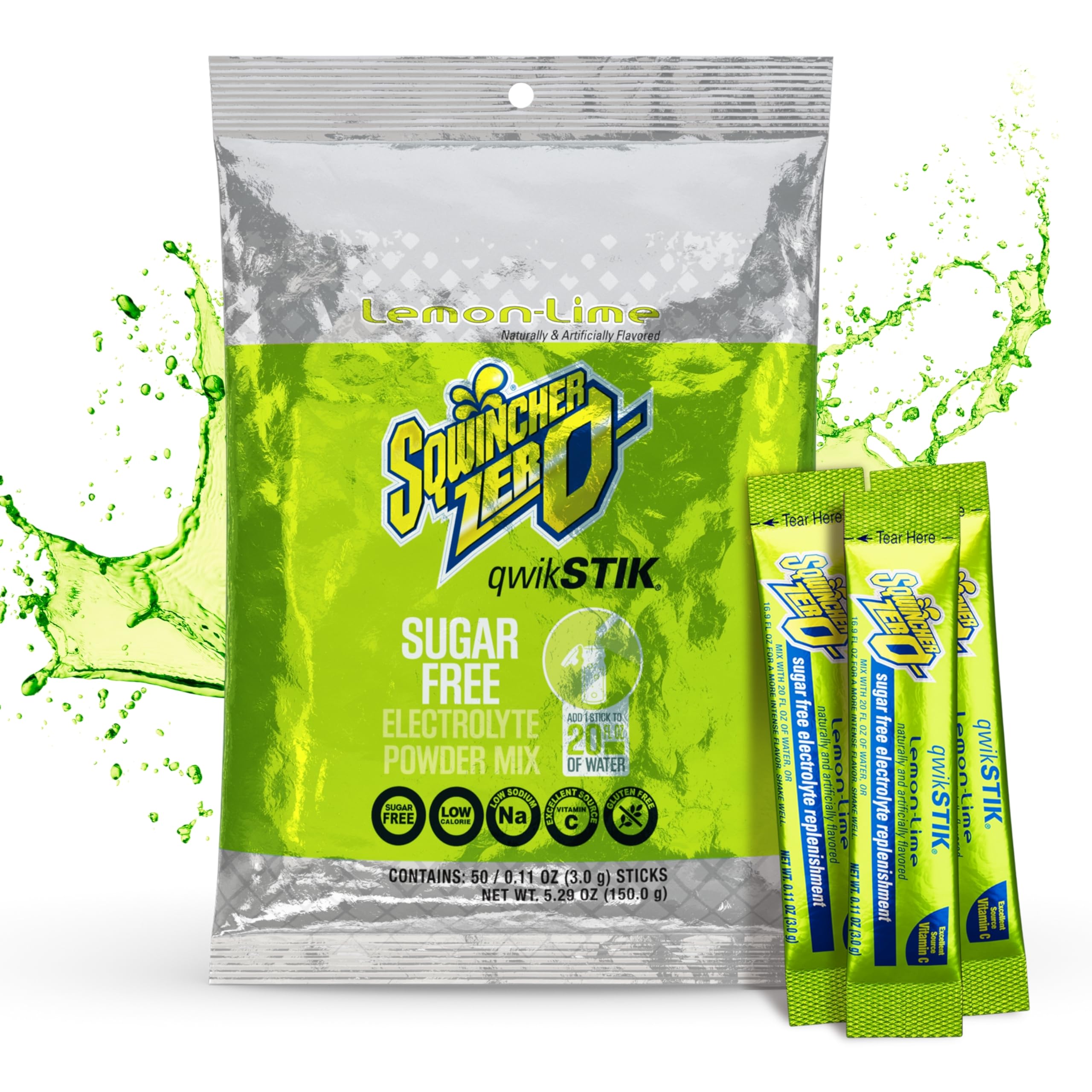 Sqwincher frente del paquete mostrando 50 sobres y marca para almacenamiento conveniente
