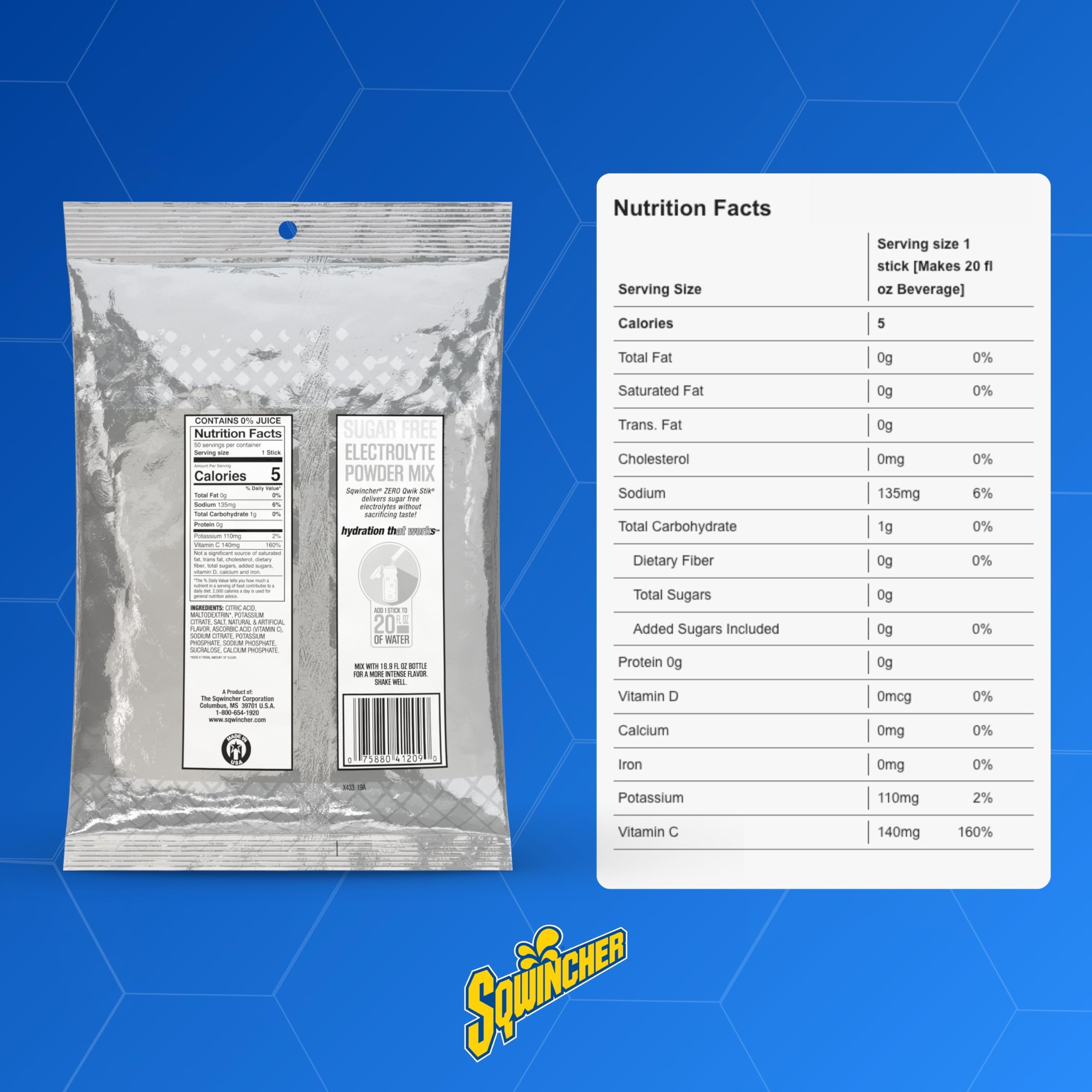 Sqwincher bolsa abierta con 50 sobres resaltando aprovisionamiento económico