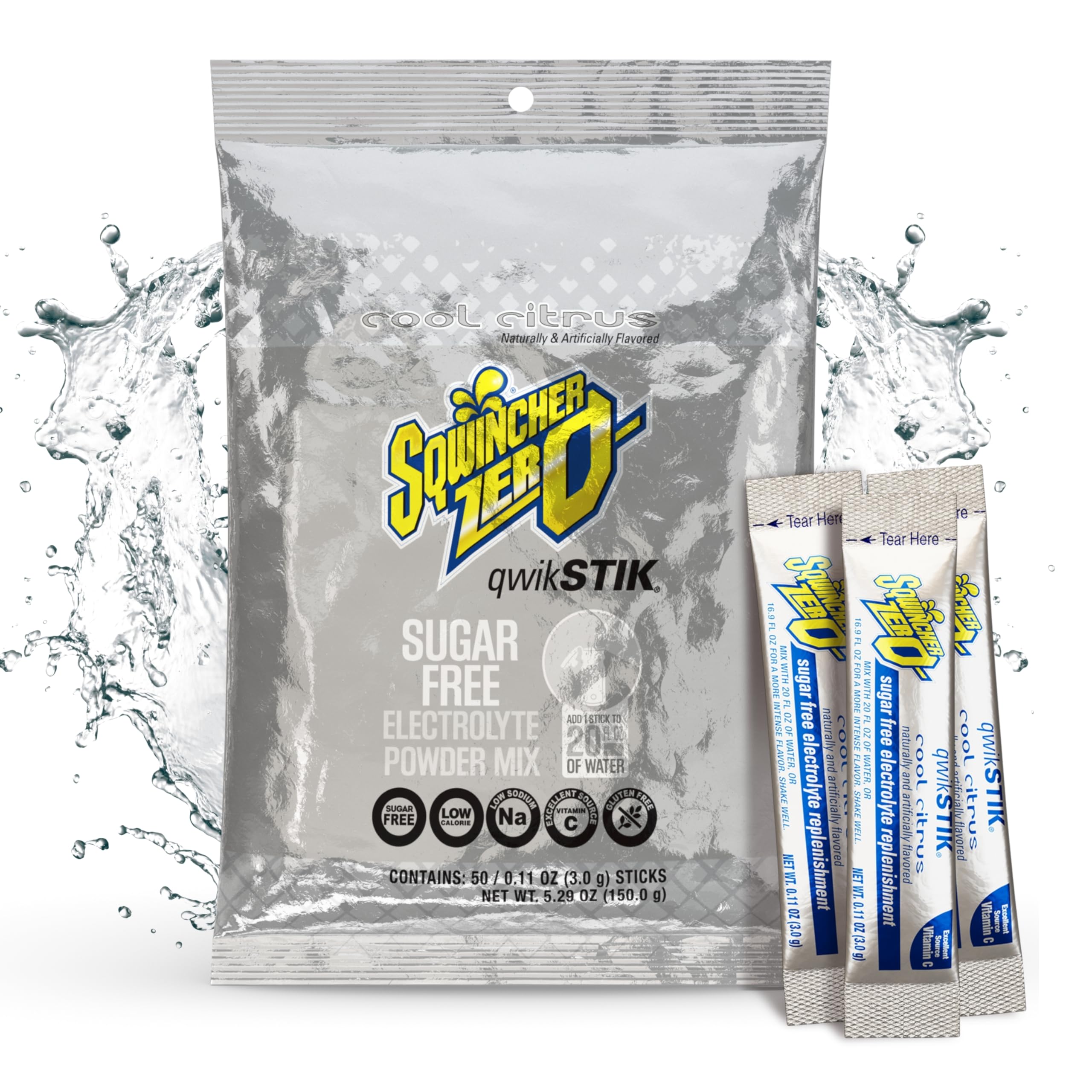 Sqwincher empaque frontal mostrando 50 sobres y beneficio de conveniencia