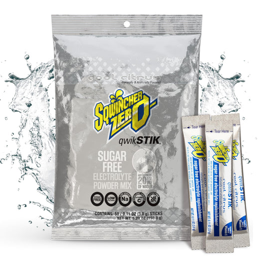 Sqwincher empaque frontal mostrando 50 sobres y beneficio de conveniencia