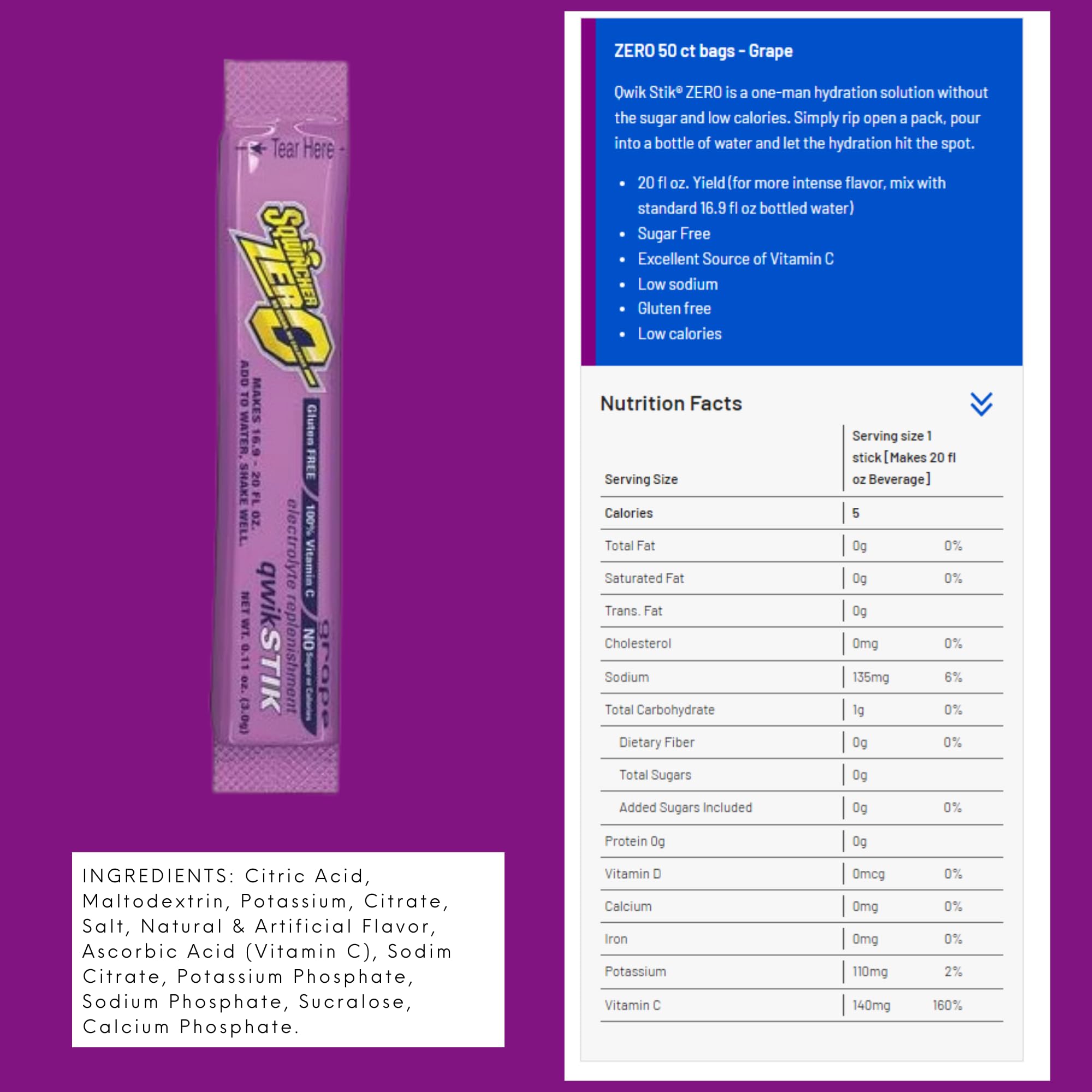 Sqwincher Zero sobre abierto con polvo morado, mezcla rápida y sin grumos