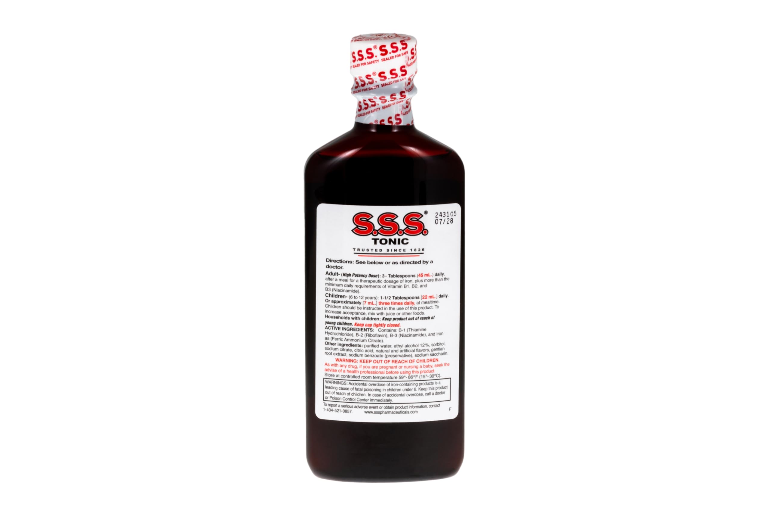 S.S.S. CO. detalle de etiqueta con vitaminas B y hierro para información rápida
