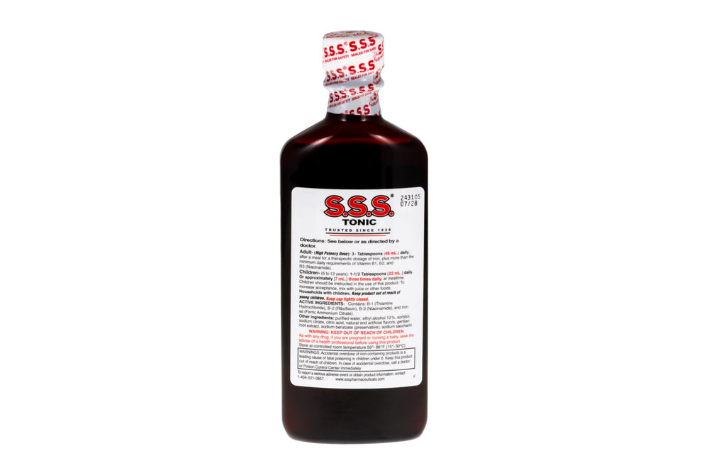 S.S.S. CO. detalle de etiqueta con vitaminas B y hierro para información rápida