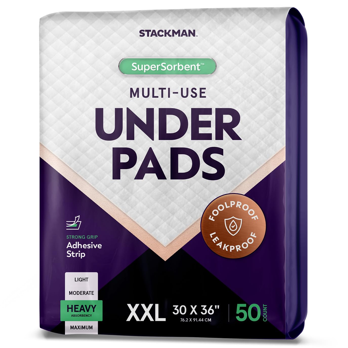 Stack Man paquete frontal mostrando 50 almohadillas para protección confiable