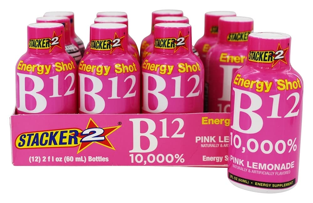 STACKER 2 frente del pack de 12 shots de limonada rosa, fácil de llevar