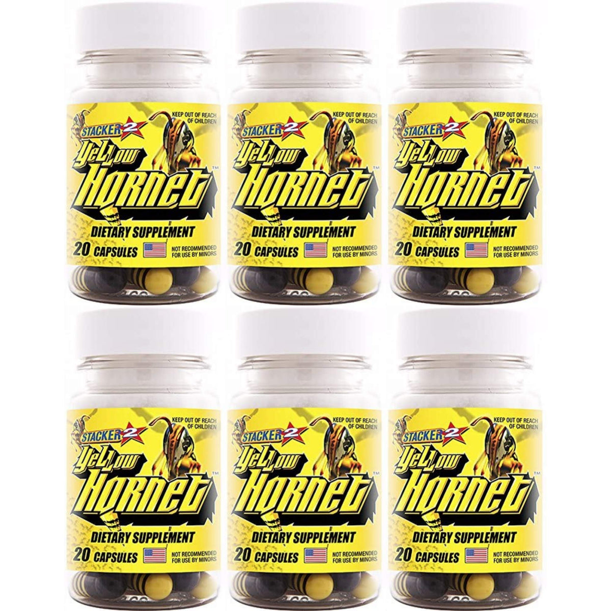 STACKER 2 frasco Yellow Hornet vista frontal muestra envase e impacto energizante