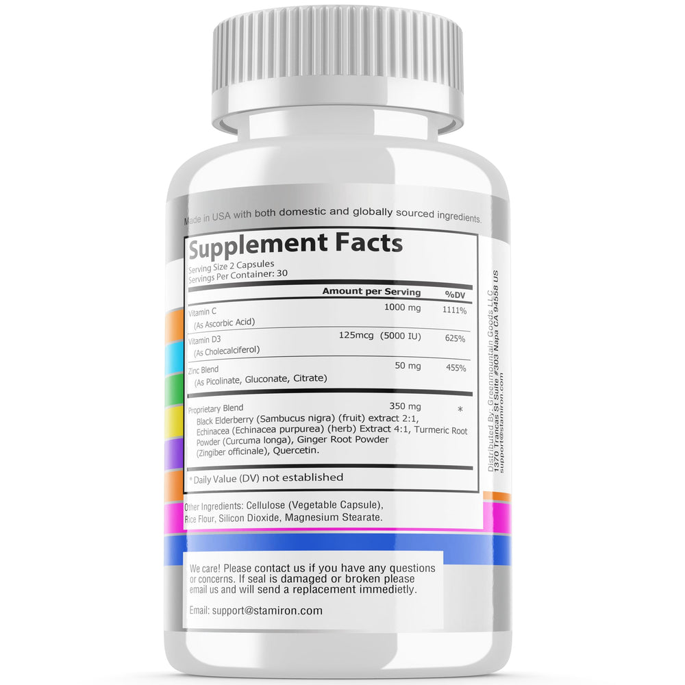 Etiqueta Stamiron detallando vitaminas C y D y mezcla de zinc para transparencia del producto