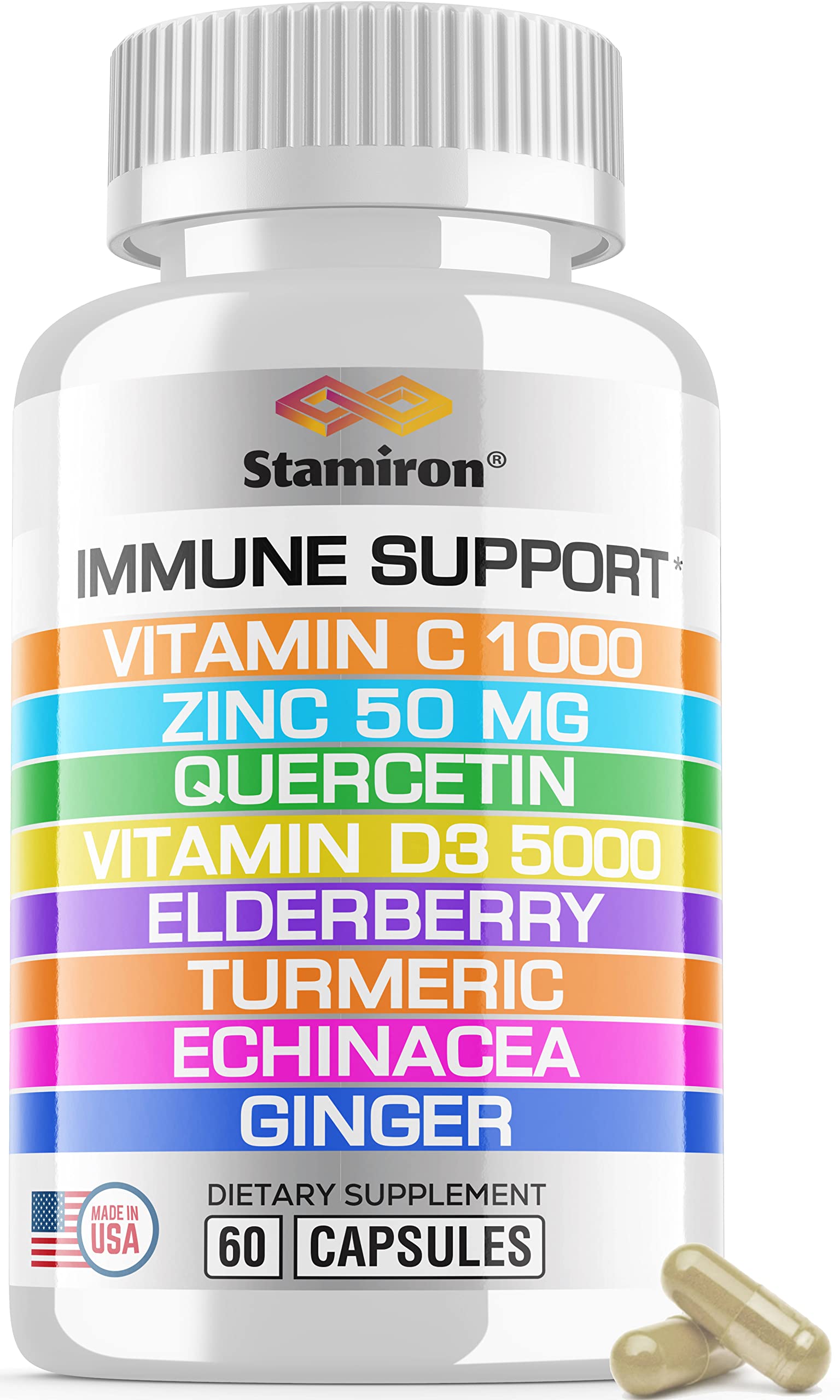 Frontal del envase Stamiron 8 en 1 que muestra ingredientes clave y beneficio de apoyo inmunológico